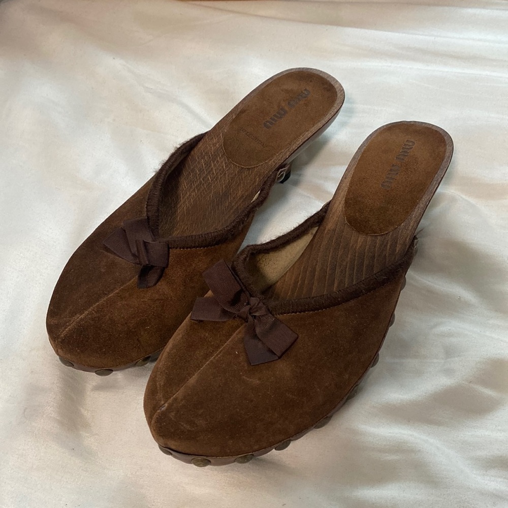 Miu Miu brown studded leather suede wooden kitten clogs/mules 37.5